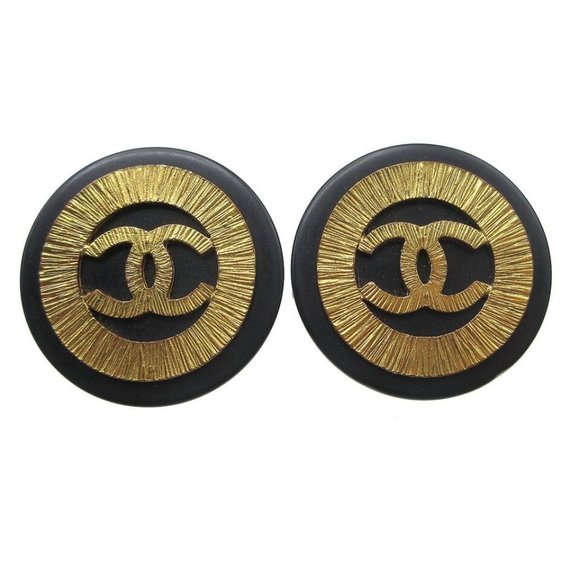 Chanel Button Motif Earrings Black Clip-On 28 Accessories - Picture 1 of 10